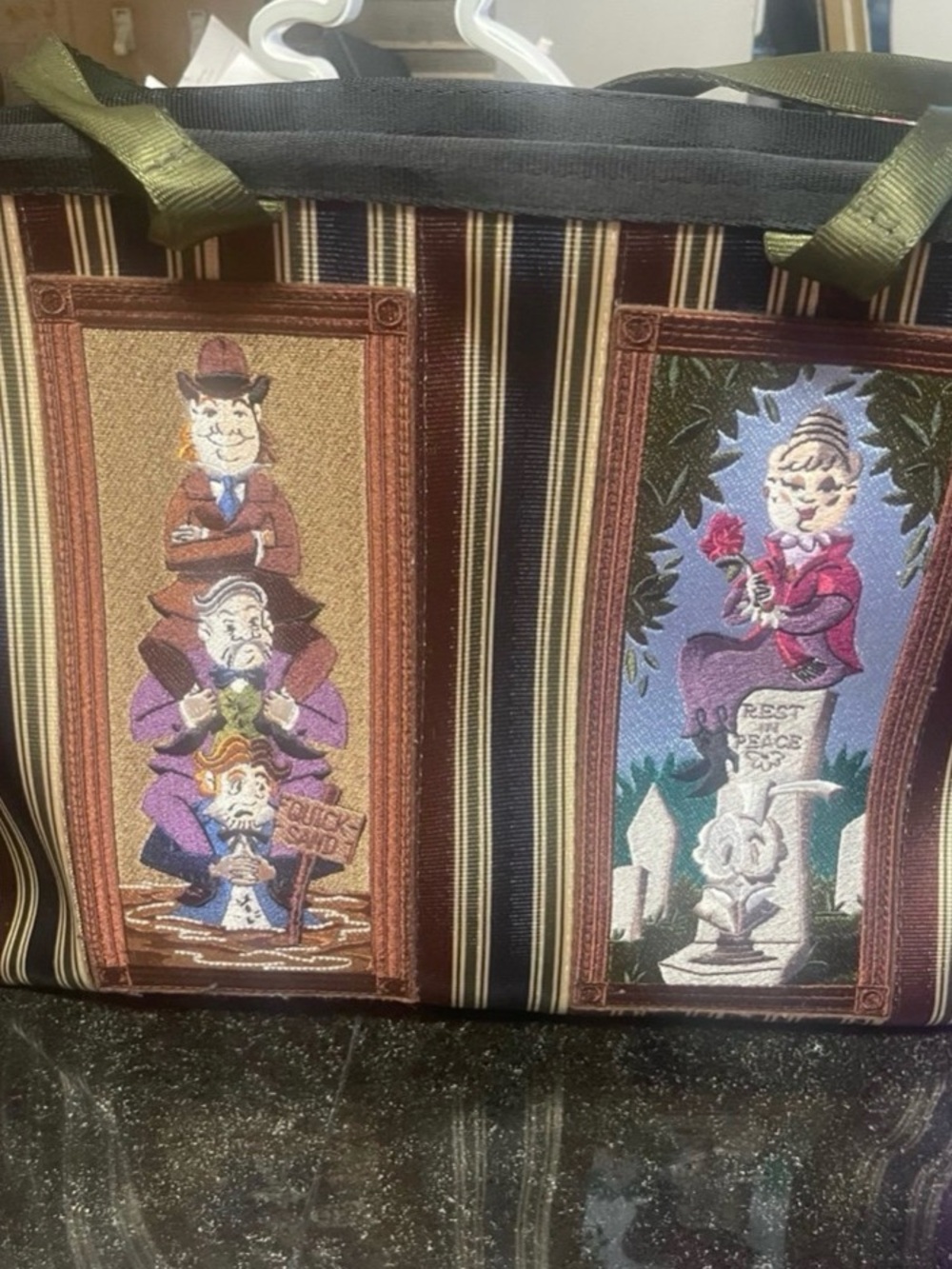 Harveys haunted mansion, stretching portraits tote handbag purse